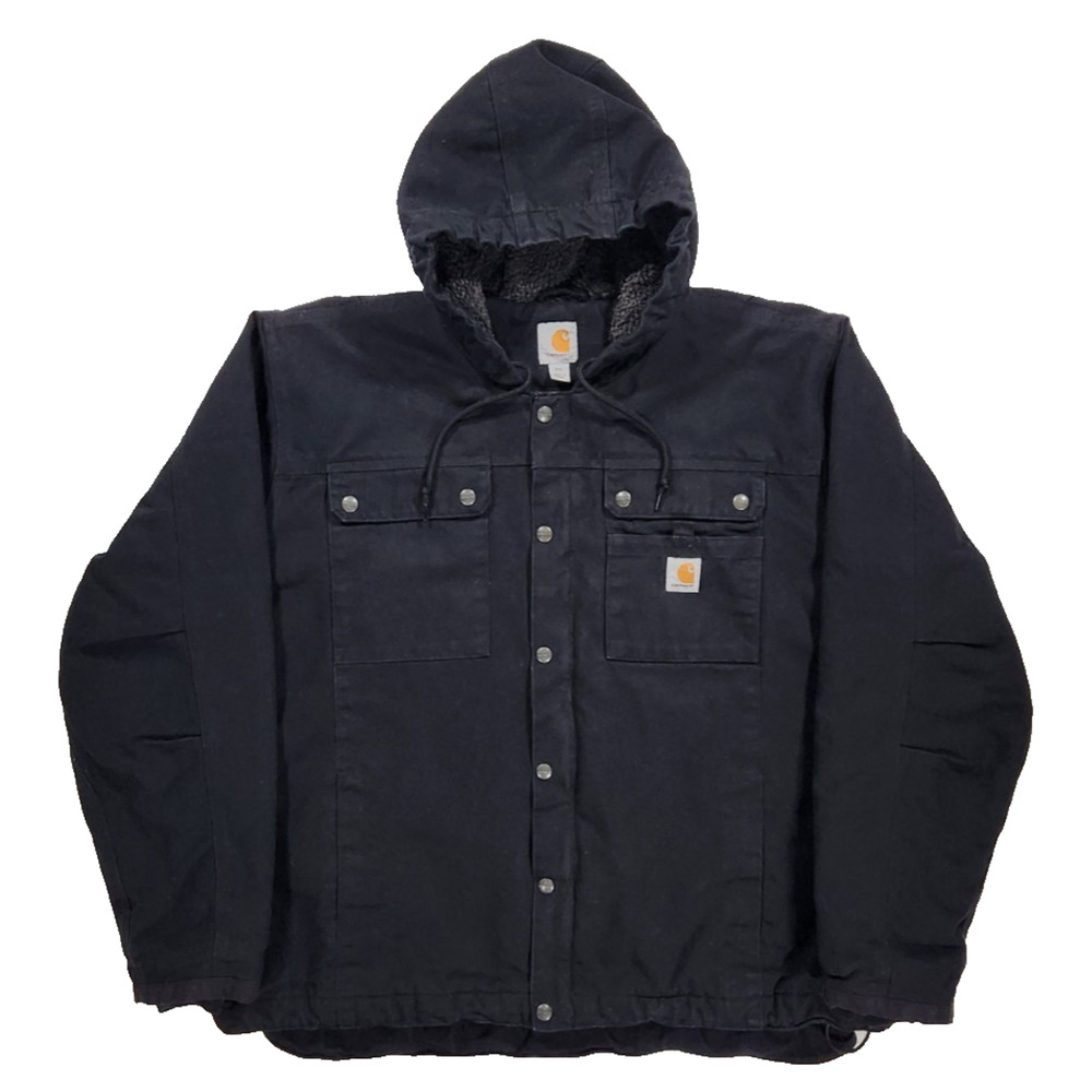 Carhartt Black Hooded Duck Jacket Sherpa Lined Utility Workwear Coat 2XL 103826
